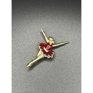 Ballerina Pin‎ Brooch Gold-Tone & Deep Red w/ Rhinestone 2" Vintage